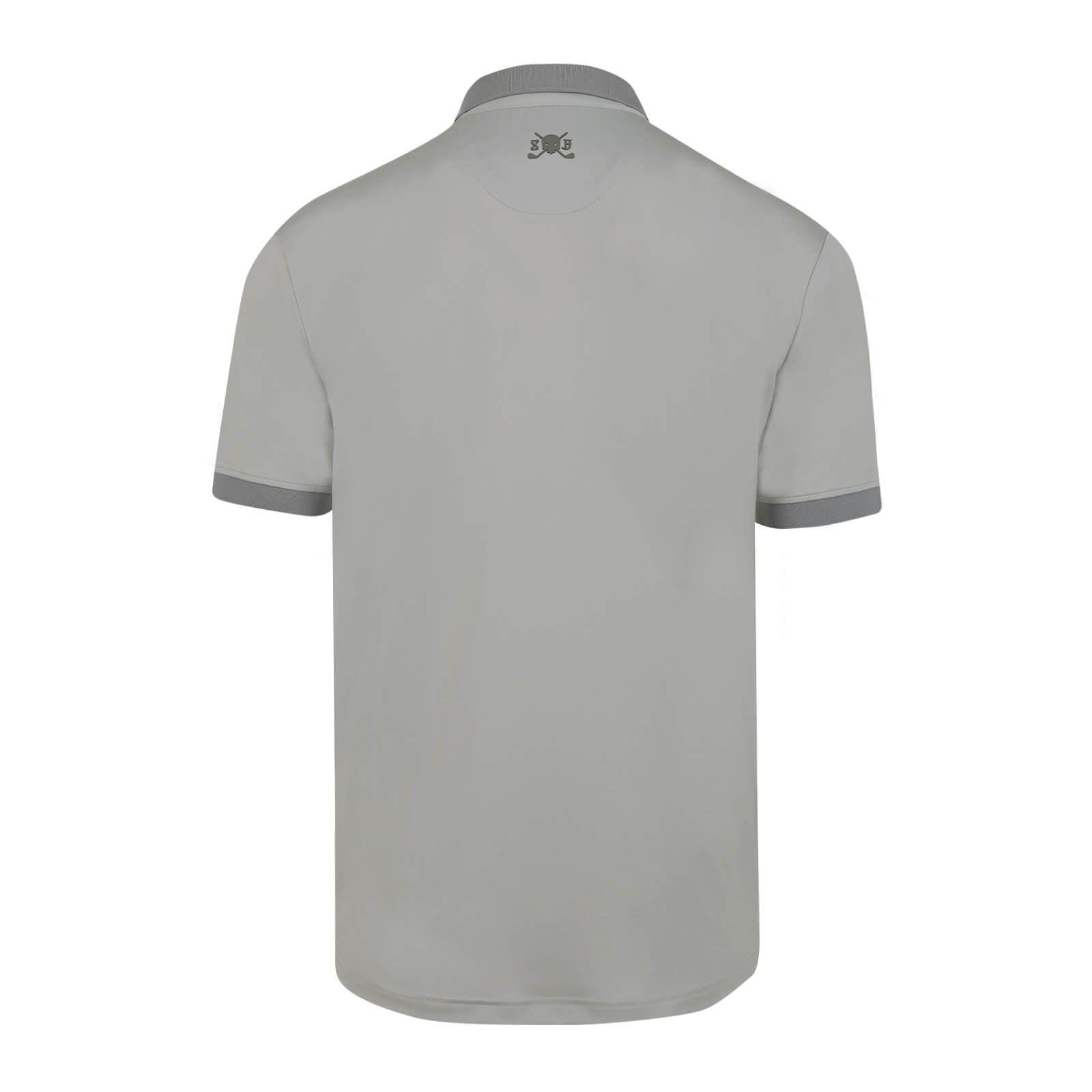 A light gray Skull & Bogeys Golf Co. short-sleeve polo shirt shown from the back, featuring a darker gray collar and sleeve cuffs, with a small dark logo printed at the center of the neck.