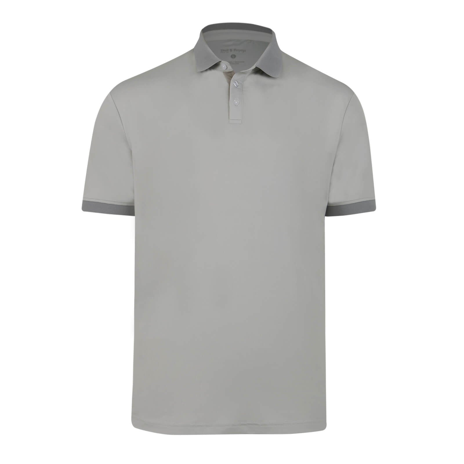 A light gray Skull & Bogeys Golf Co. short-sleeve polo shirt with darker gray ribbed trim on the collar and sleeve cuffs, displayed on a clean white background.