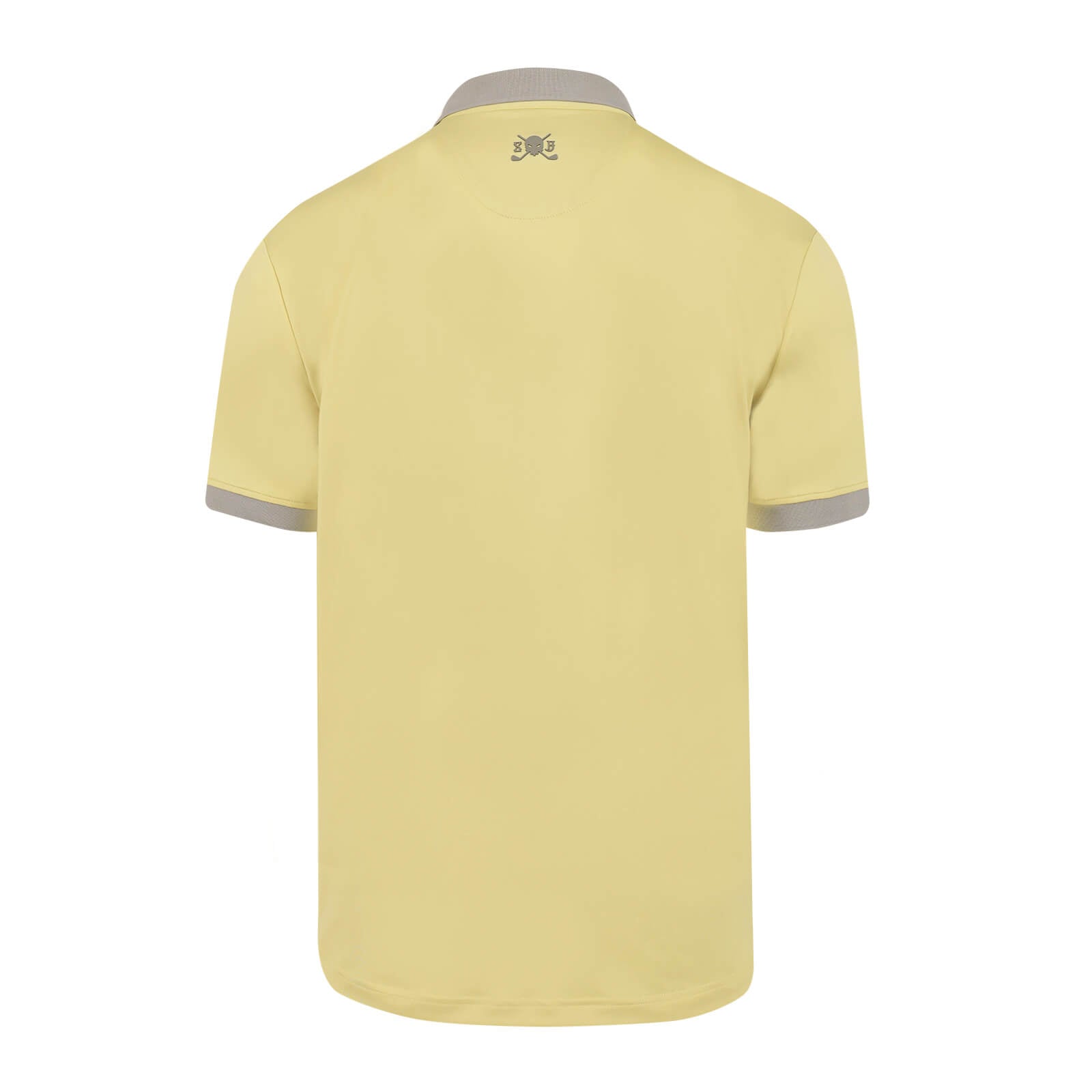 A pale yellow Skull & Bogeys Golf Co. short-sleeve polo shirt shown from the back, featuring a gray collar and sleeve cuffs, with a small dark logo printed at the center of the neck.