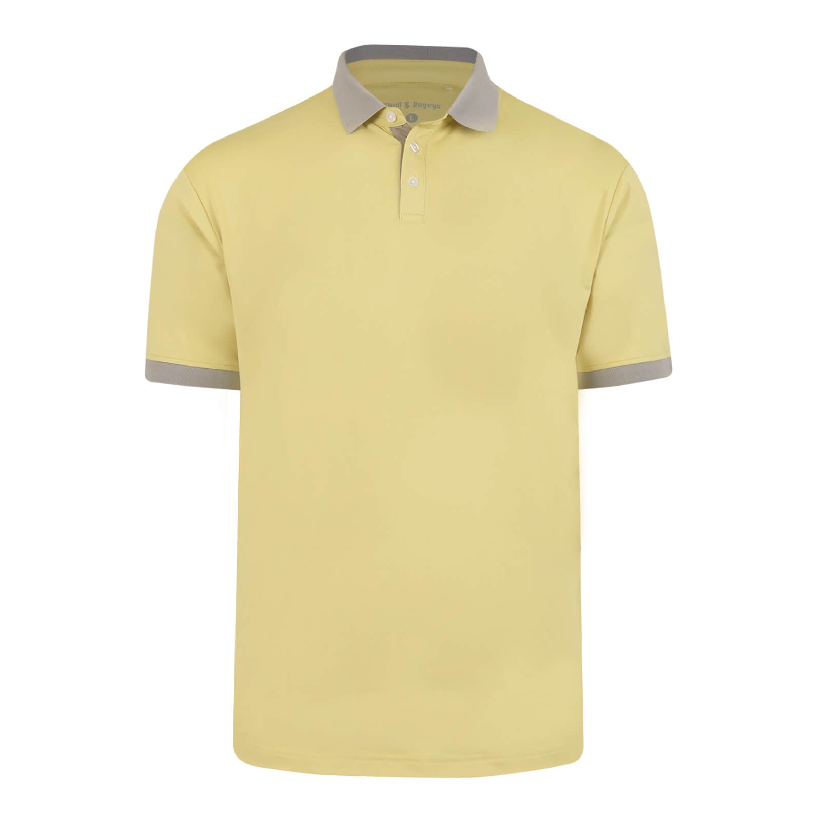 A short-sleeve Skull & Bogeys Golf Co. polo shirt in pale yellow with a contrasting gray collar and sleeve trim, shown against a plain white background.