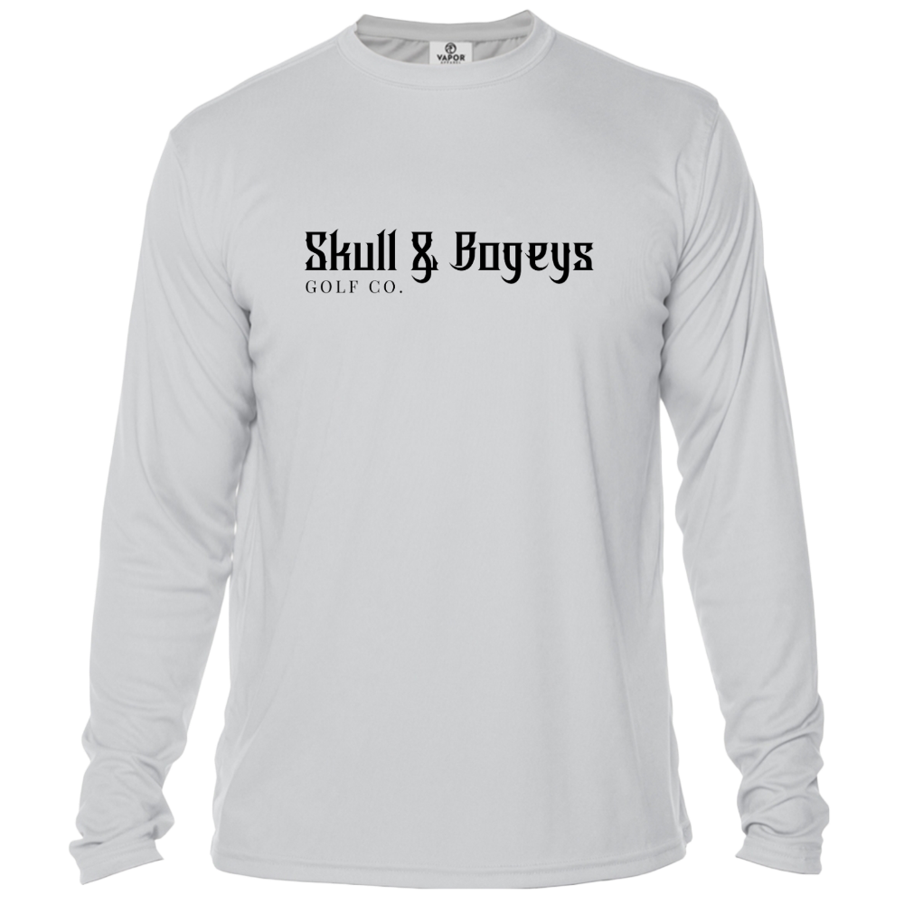 Skull & Bogeys Men’s Sun Shield long sleeve UPF 50+ tee, front view with chest graphic