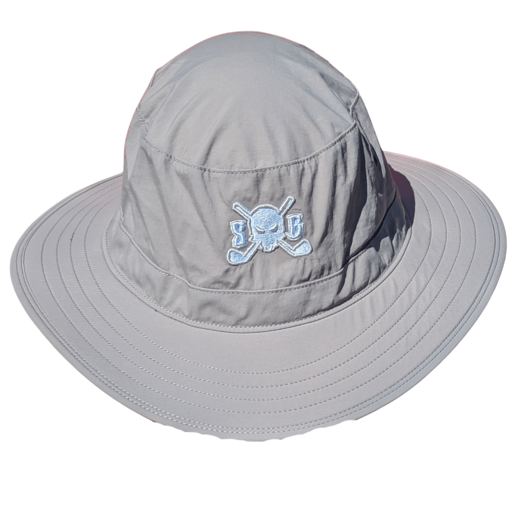 Gray bucket hat with a skull and crossbones design on a white background