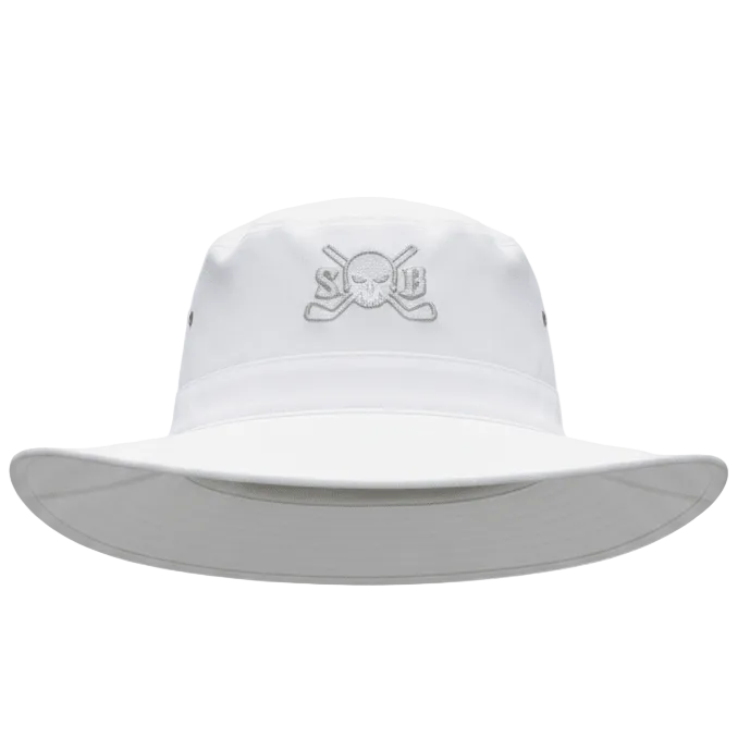 White wide-brimmed hat with a logo on a white background