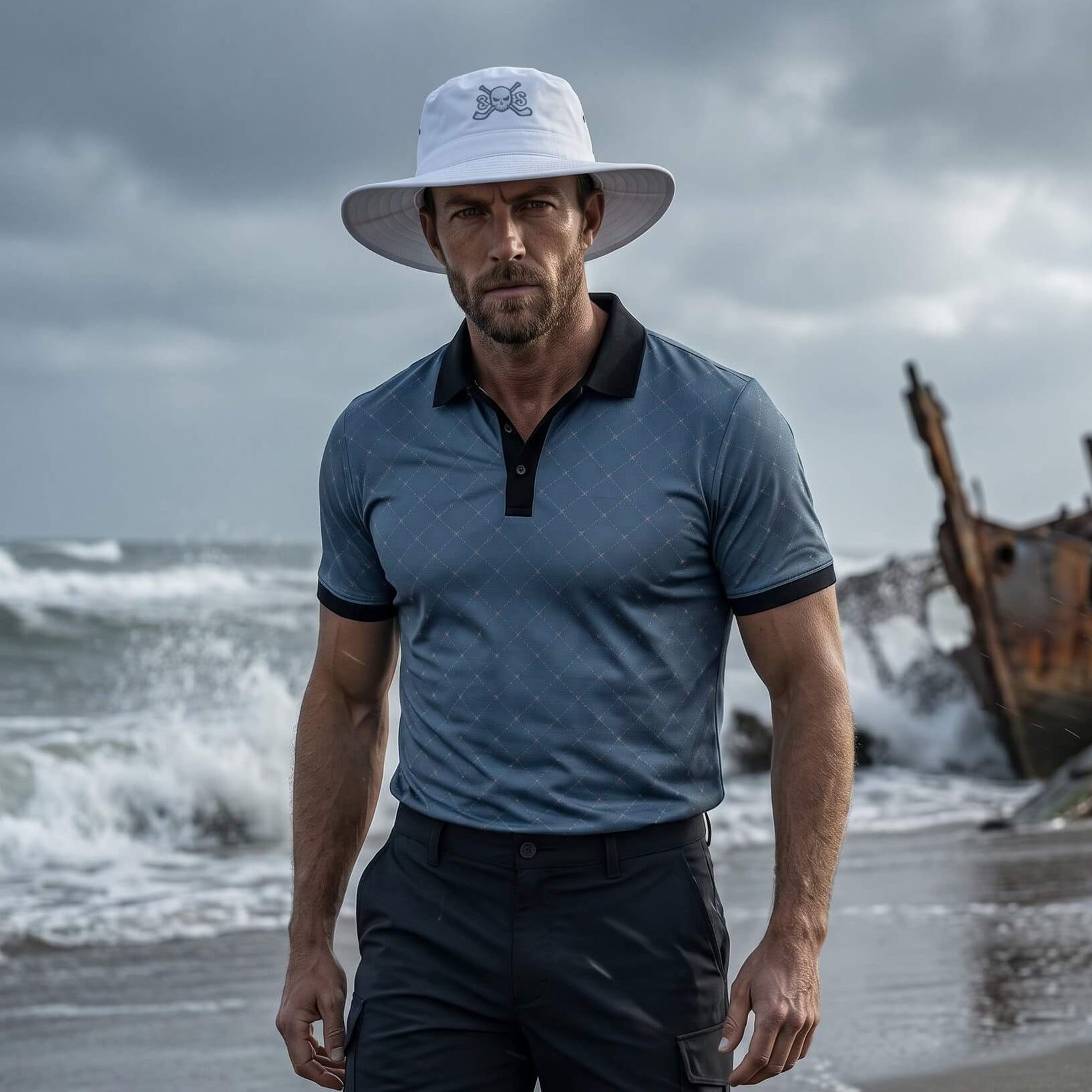 Man wearing a white hat and blue shirt on a beach with a shipwreck in the background