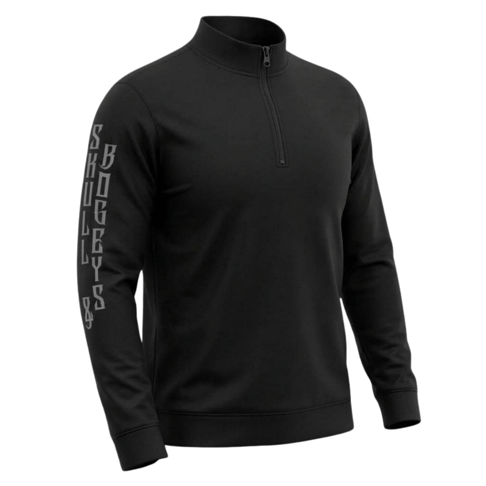 Skull & Bogeys Obsidian Stealth black midweight quarter-zip pullover, front view