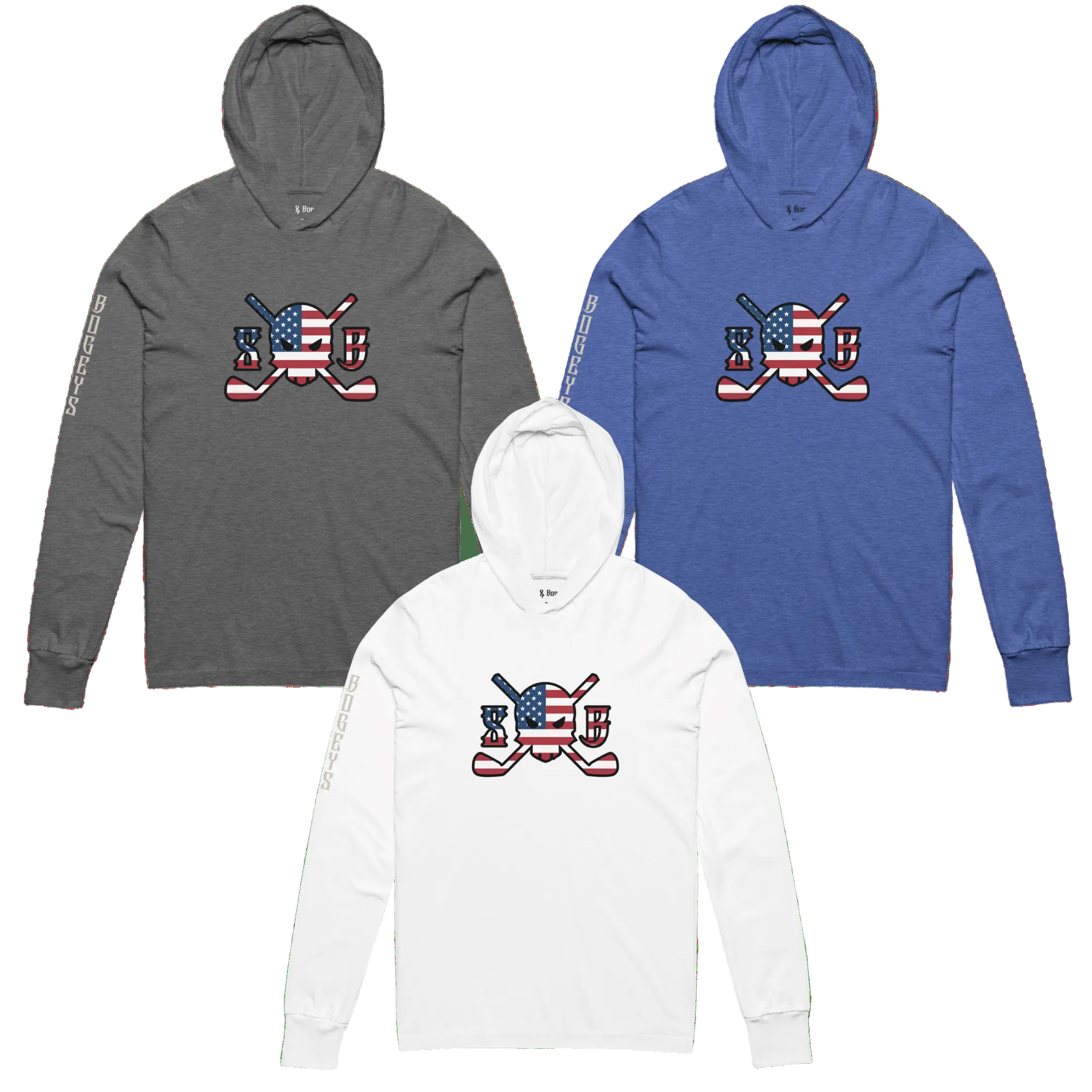 Three hoodies in gray, blue, and white with a graphic design on the sleeves.