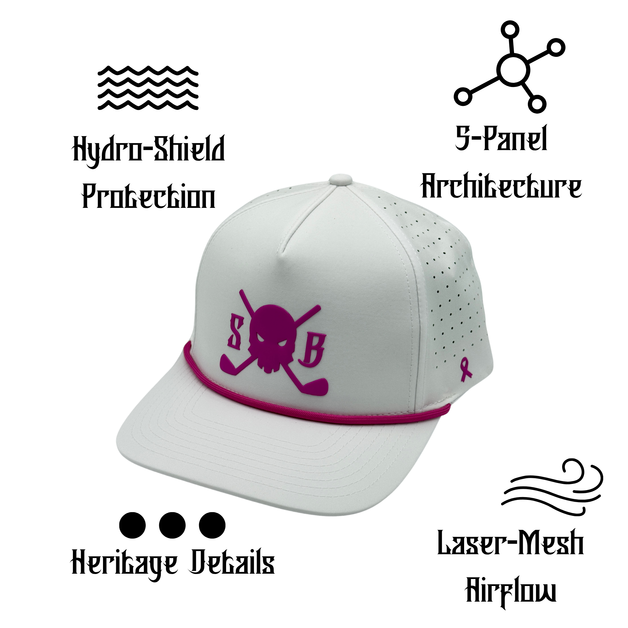 A white baseball cap with a magenta skull and crossed golf clubs logo on the front, surrounded by feature callouts reading 'Hydro-Shield Protection,' '5-Panel Architecture,' 'Heritage Details,' and 'Laser-Mesh Airflow' on a white background.