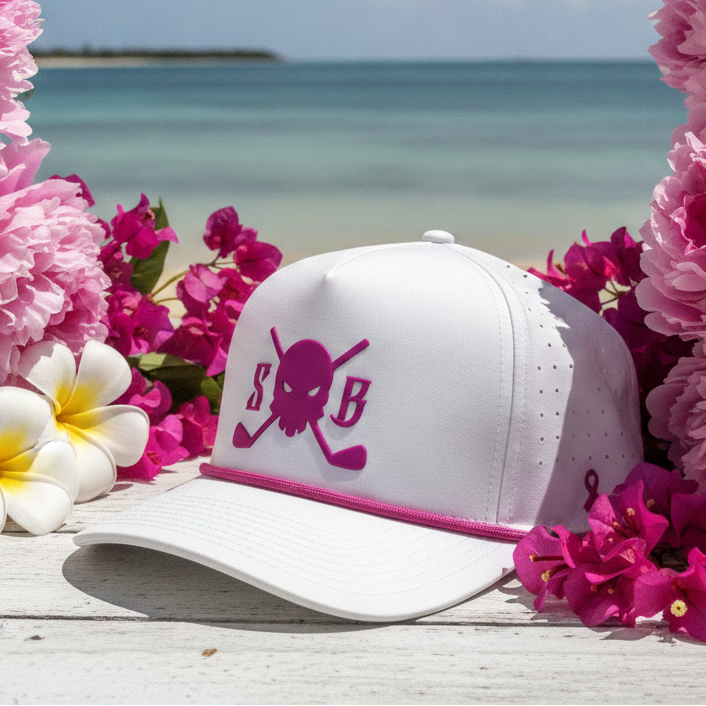 A white baseball cap with a pink embroidered skull and crossbones logo and the letters 'S&B' on the front, styled on a white wooden surface surrounded by large pink flowers and white plumeria flowers, with a beach and ocean in the background.