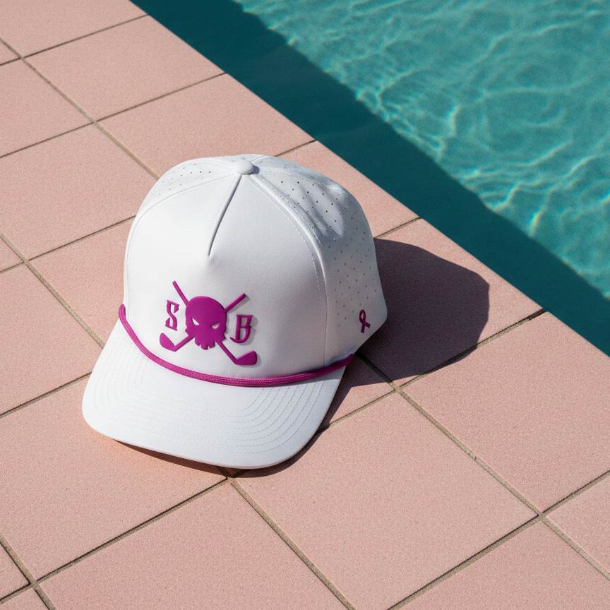 A white baseball cap with a pink embroidered skull and crossbones logo and the letters 'S&B' sits on a pink tiled pool deck next to a swimming pool.