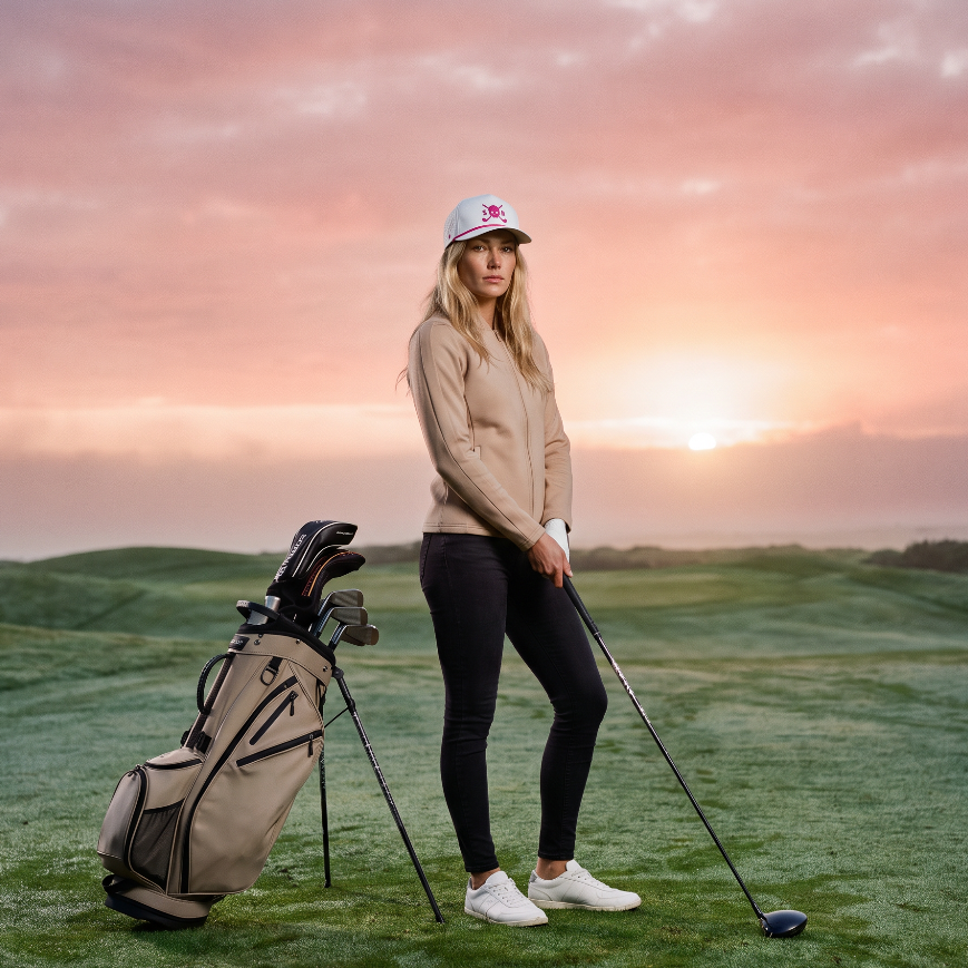 A woman stands on a golf course at sunset holding a golf club, with a golf bag beside her. She is wearing a beige long-sleeve top, black leggings, white sneakers, and a white cap.
