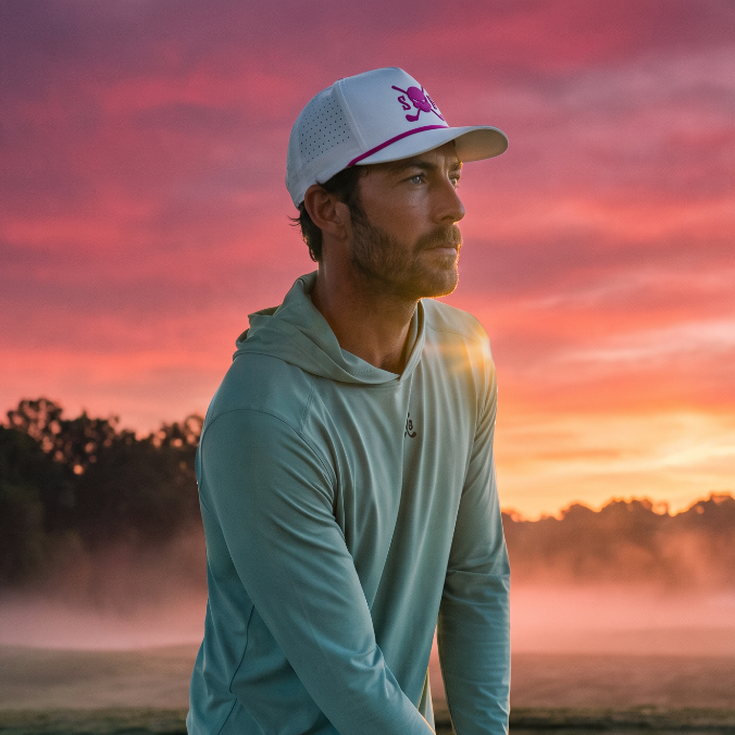 A man wearing a light sage green long-sleeve athletic hoodie, navy blue golf shorts, and a white trucker hat with a pink logo stands on a misty golf course at sunset, holding a golf club.