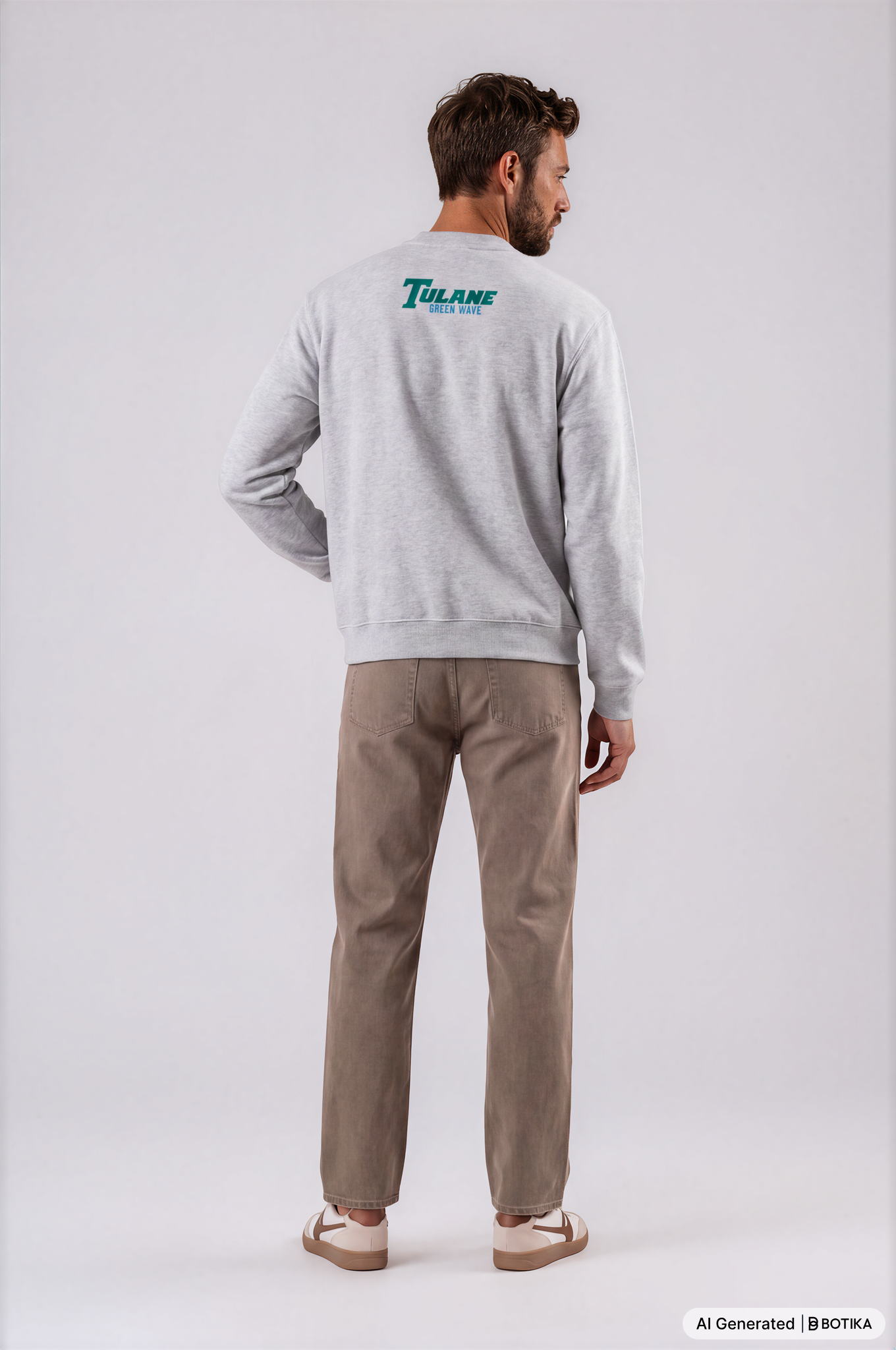 A man is shown from the back wearing a light gray crewneck sweatshirt with a green Tulane logo on the upper back, paired with brown pants and beige sneakers, against a light gray studio background.