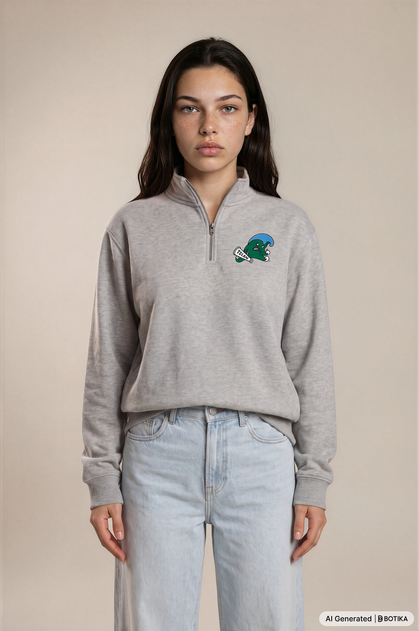 A woman modeling a light gray heathered quarter-zip sweatshirt with a small green and blue mascot graphic on the left chest, paired with light-wash jeans, against a solid beige studio background.