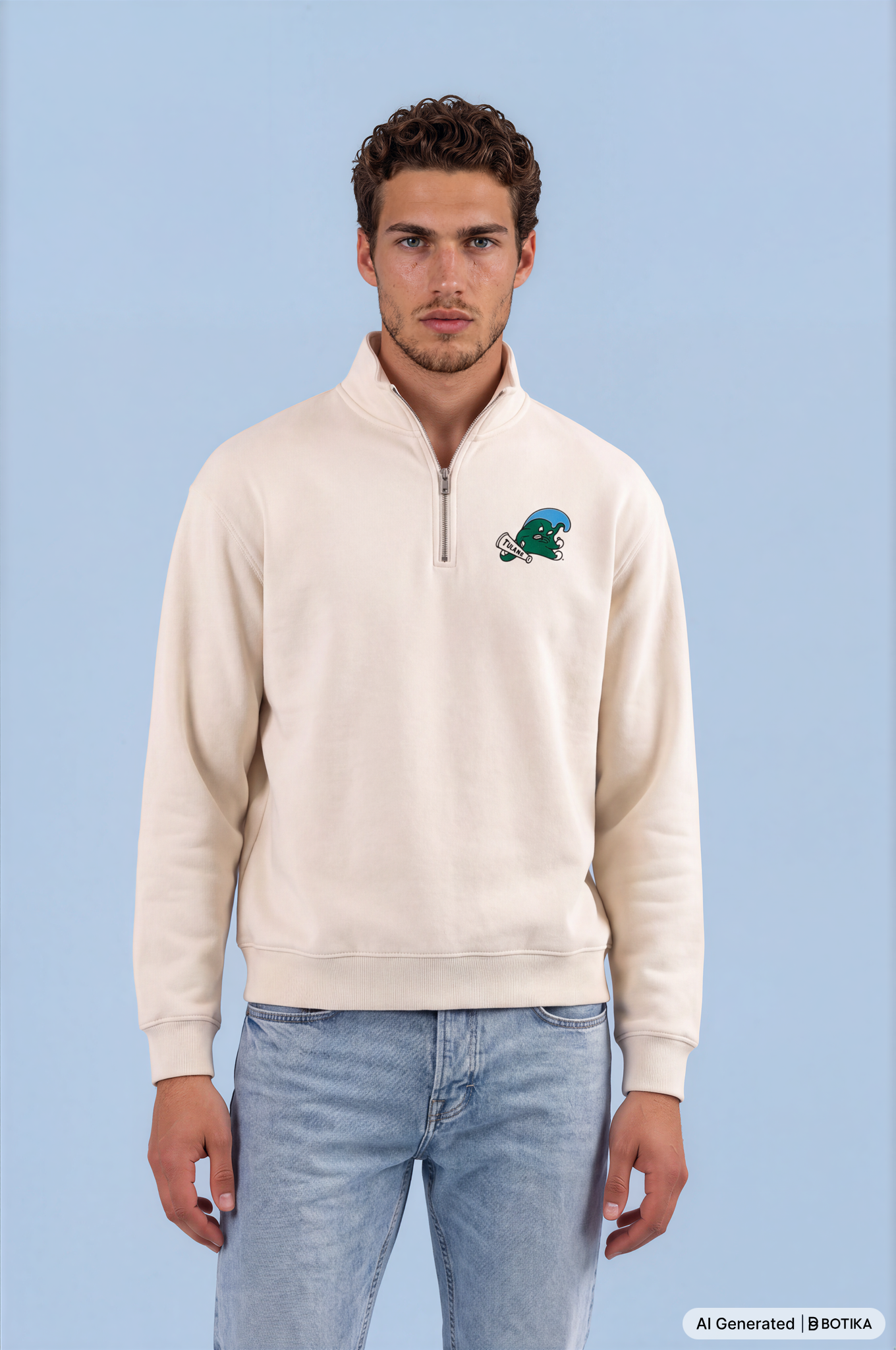A man modeling a cream-colored quarter-zip sweatshirt with a small green and blue graphic on the left chest, paired with light-wash blue jeans, against a solid light blue background.