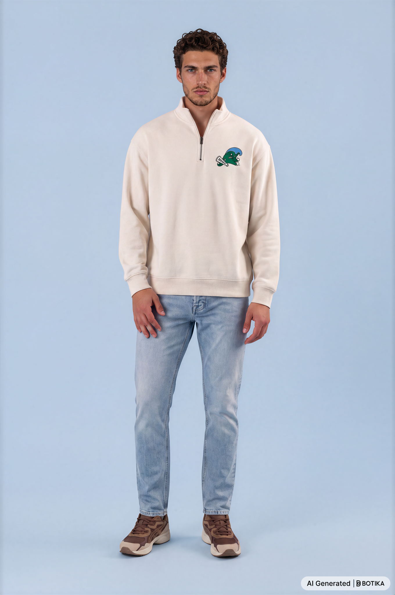 A man modeling a cream-colored quarter-zip sweatshirt with a green and blue bird graphic on the left chest, paired with light-wash blue jeans and brown sneakers, against a solid light blue background.