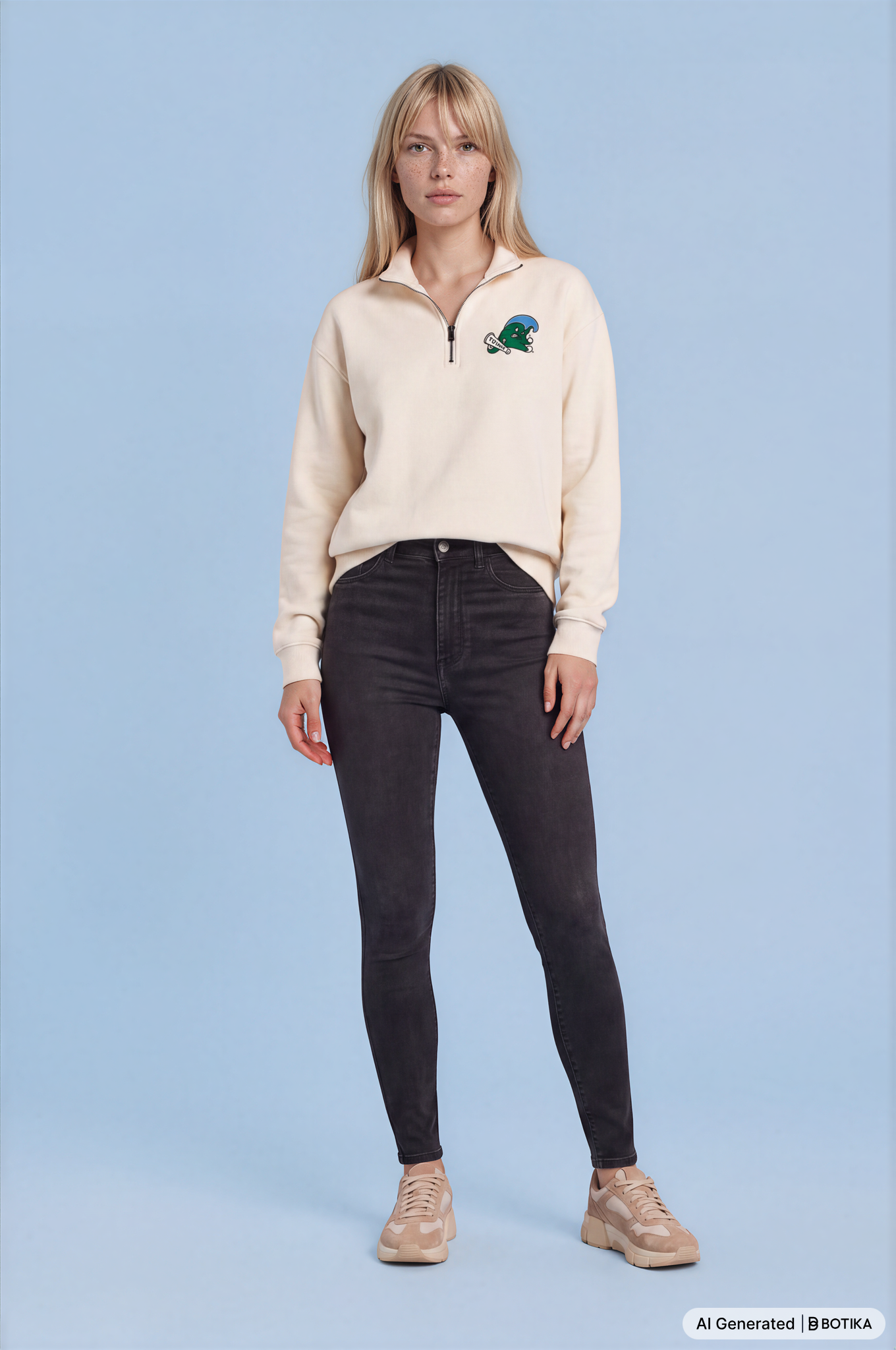 A woman modeling a cream-colored quarter-zip sweatshirt with a green and blue embroidered graphic on the left chest, paired with dark gray skinny jeans and beige sneakers, against a solid light blue background.