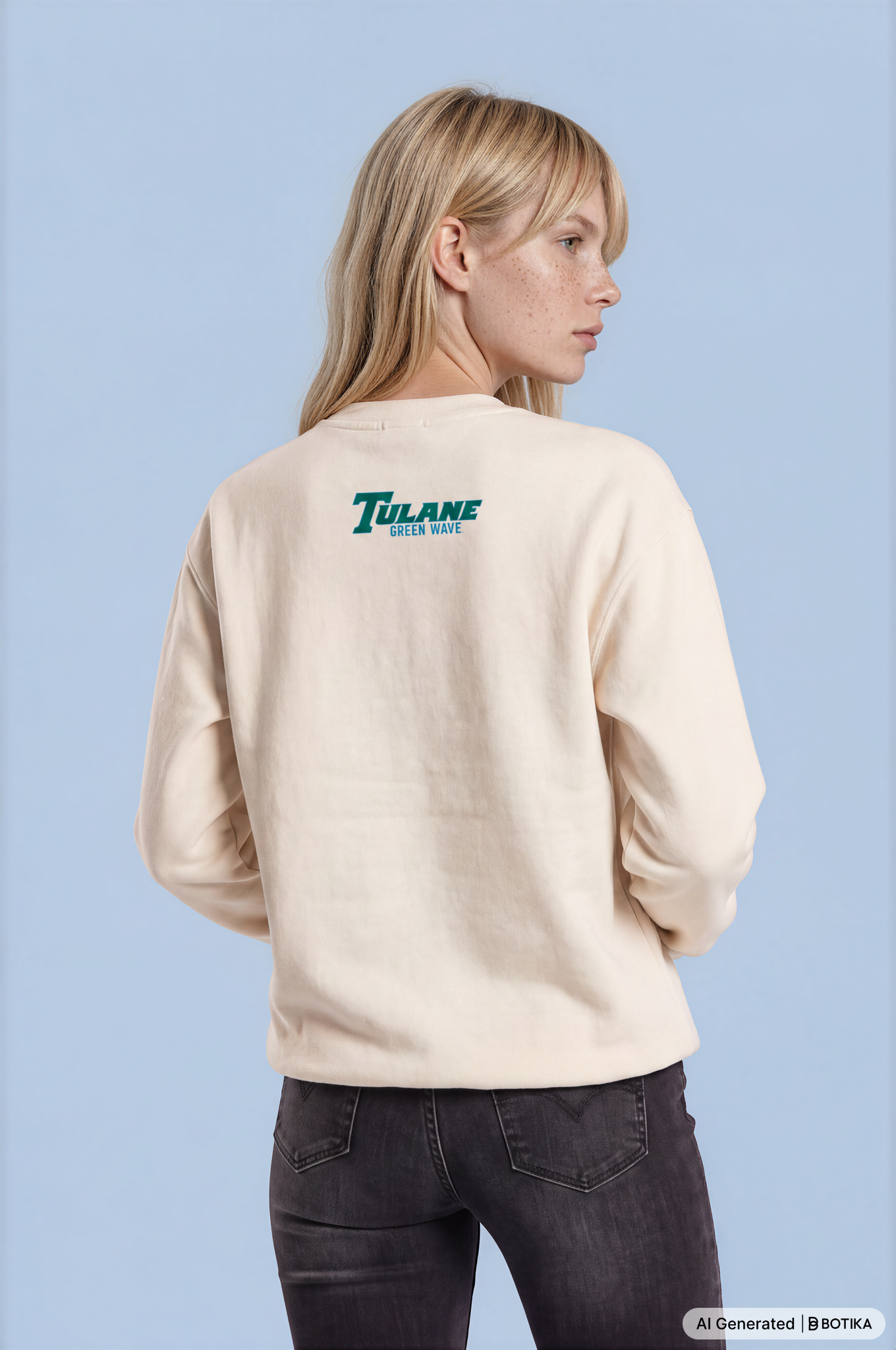 A woman shown from the back wearing a cream-colored crewneck sweatshirt with a green Tulane 'Horns' logo on the upper back, paired with dark gray jeans, against a solid light blue background.