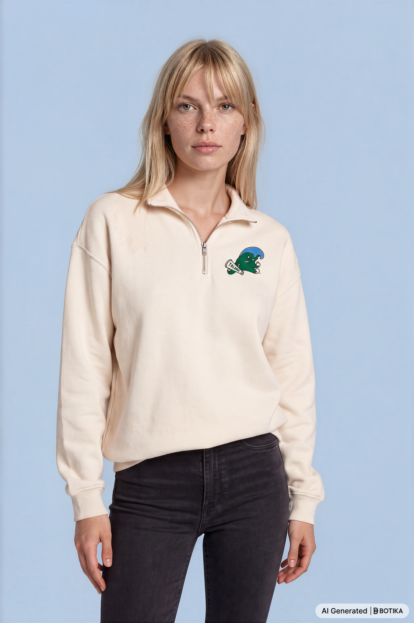A woman modeling a cream-colored quarter-zip sweatshirt with a green and blue mascot logo on the left chest, paired with dark gray jeans, against a solid light blue background.