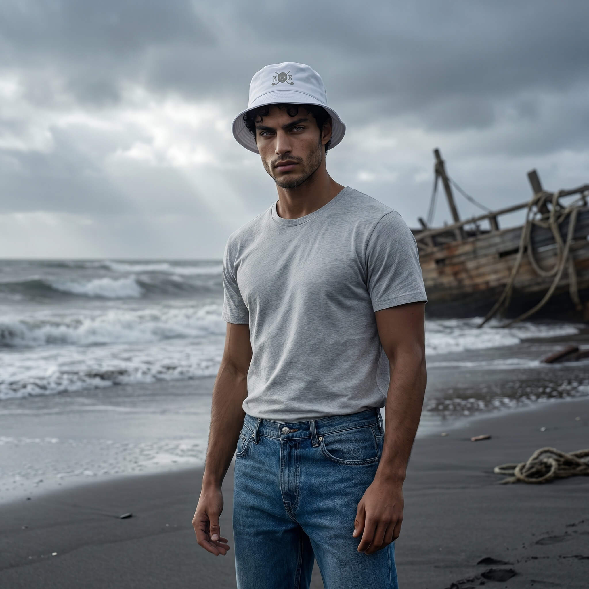 Man standing on a beach with a cloudy sky and a shipwreck in the background