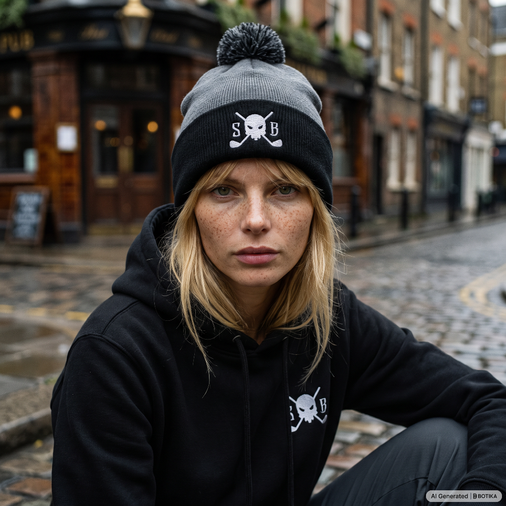 A woman crouching on a cobblestone street wears a black and gray knit beanie with a white skull-and-crossbones logo and the letters 'S B' on the front, along with a black hoodie featuring a matching chest logo.