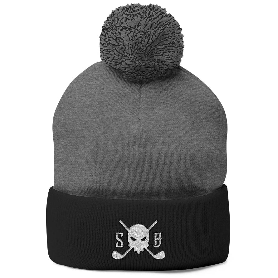 Skull & Bogeys S&B pom-pom beanie in two-tone knit with embroidered fold-over cuff