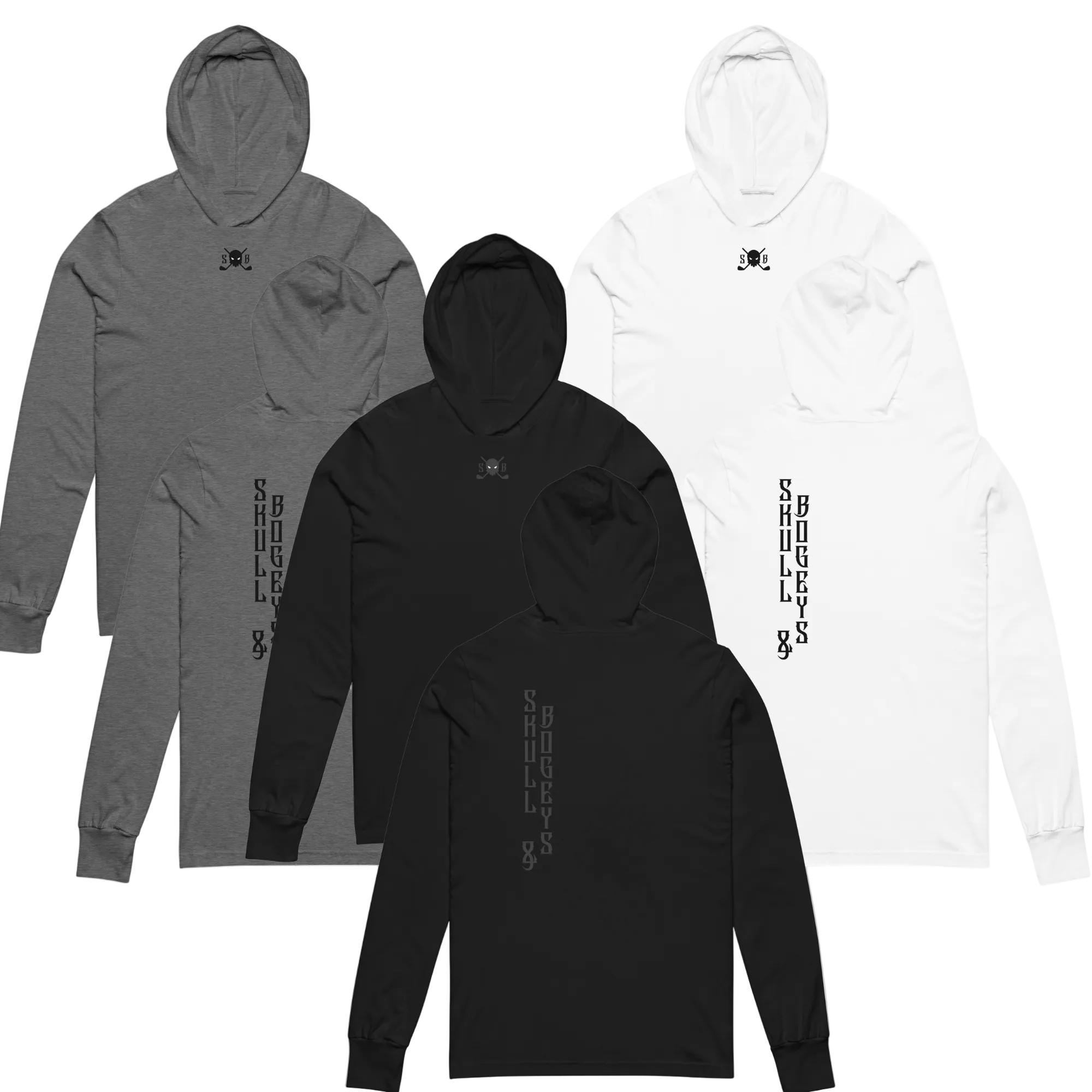 Three hoodies in gray, black, and white with a brand logo on a white background