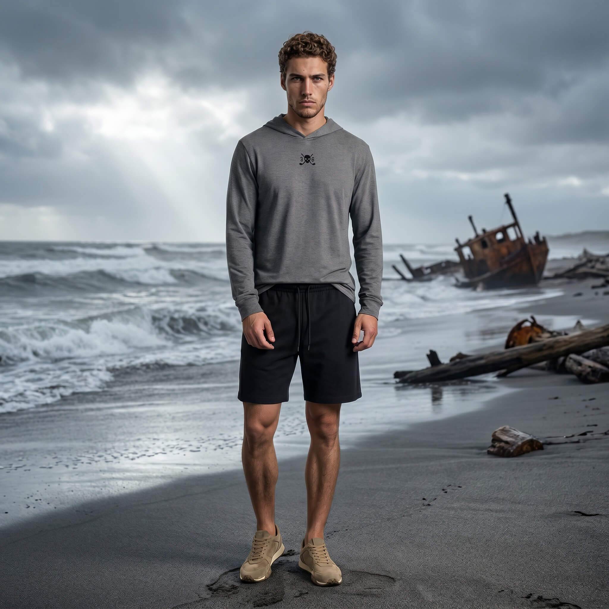 Man standing on a beach with a shipwreck in the background