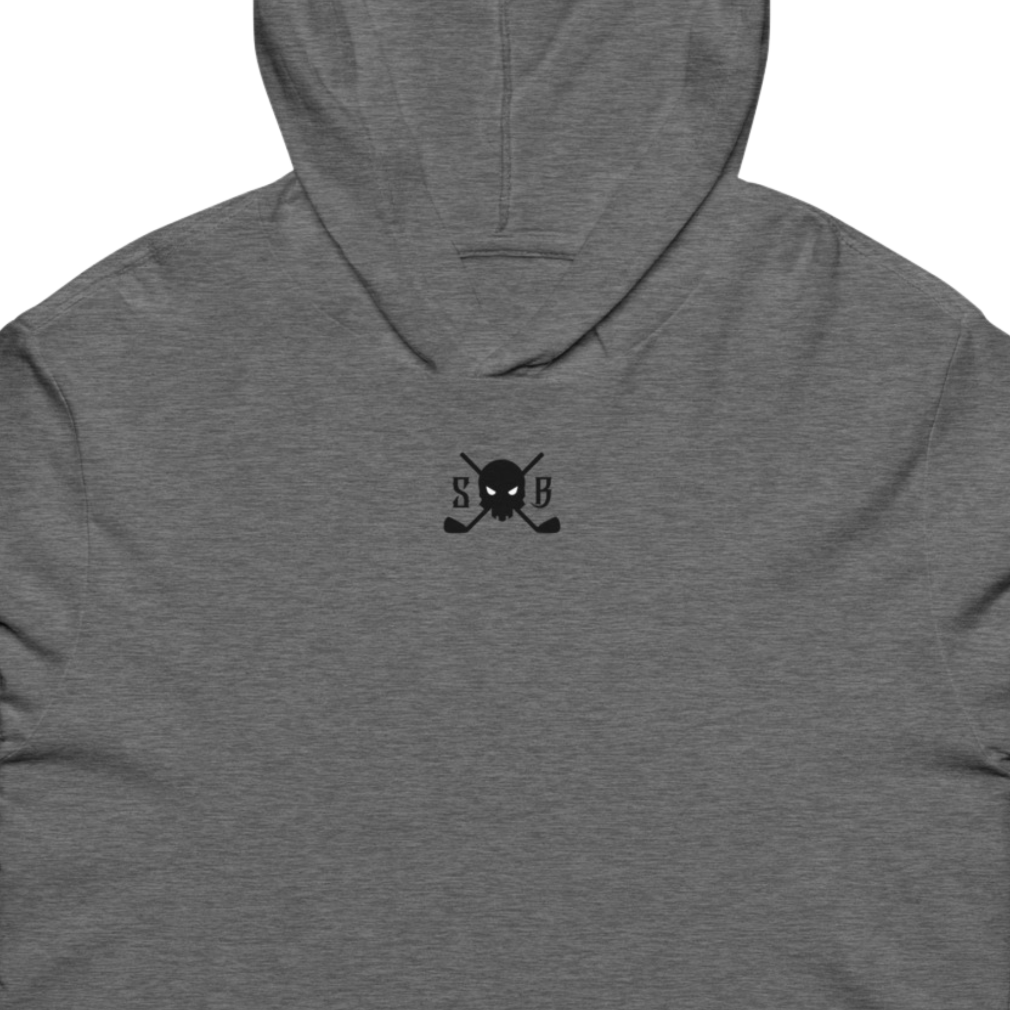 Gray hoodie with a black logo on the chest against a white background