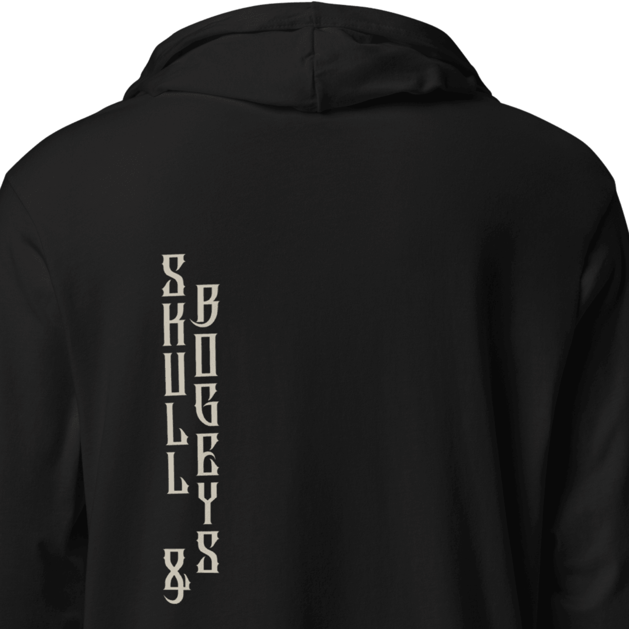 Black hoodie with vertical white text on the back against a black background