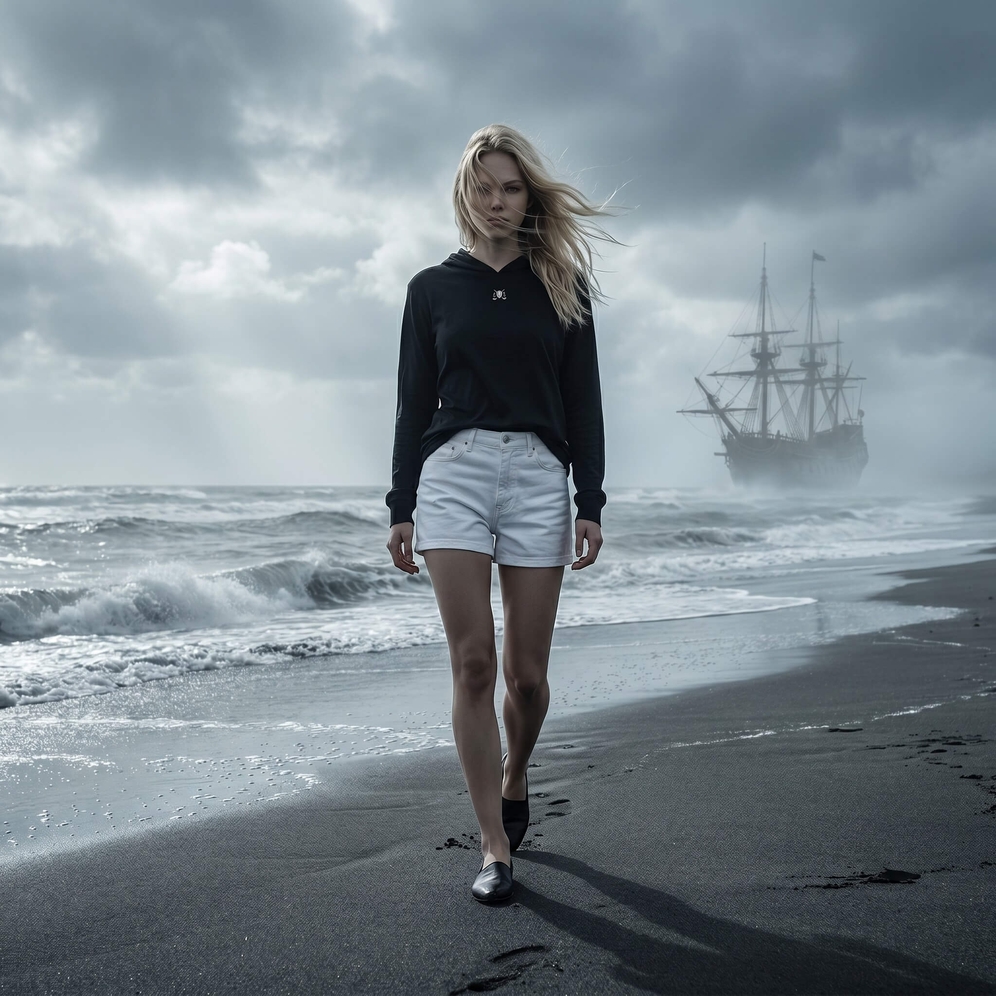 Woman walking on a beach with a ship in the background