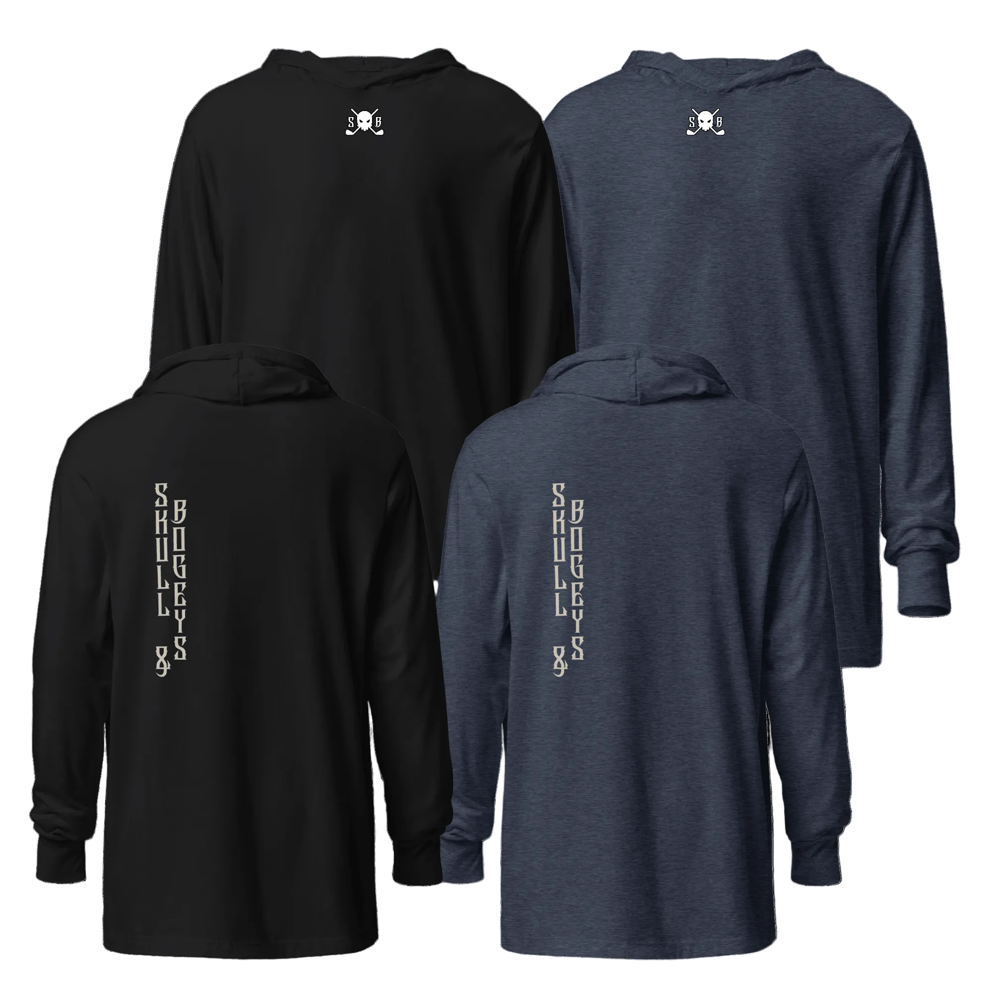 Four hoodies in black and blue with a logo and text on the back, on a white background.