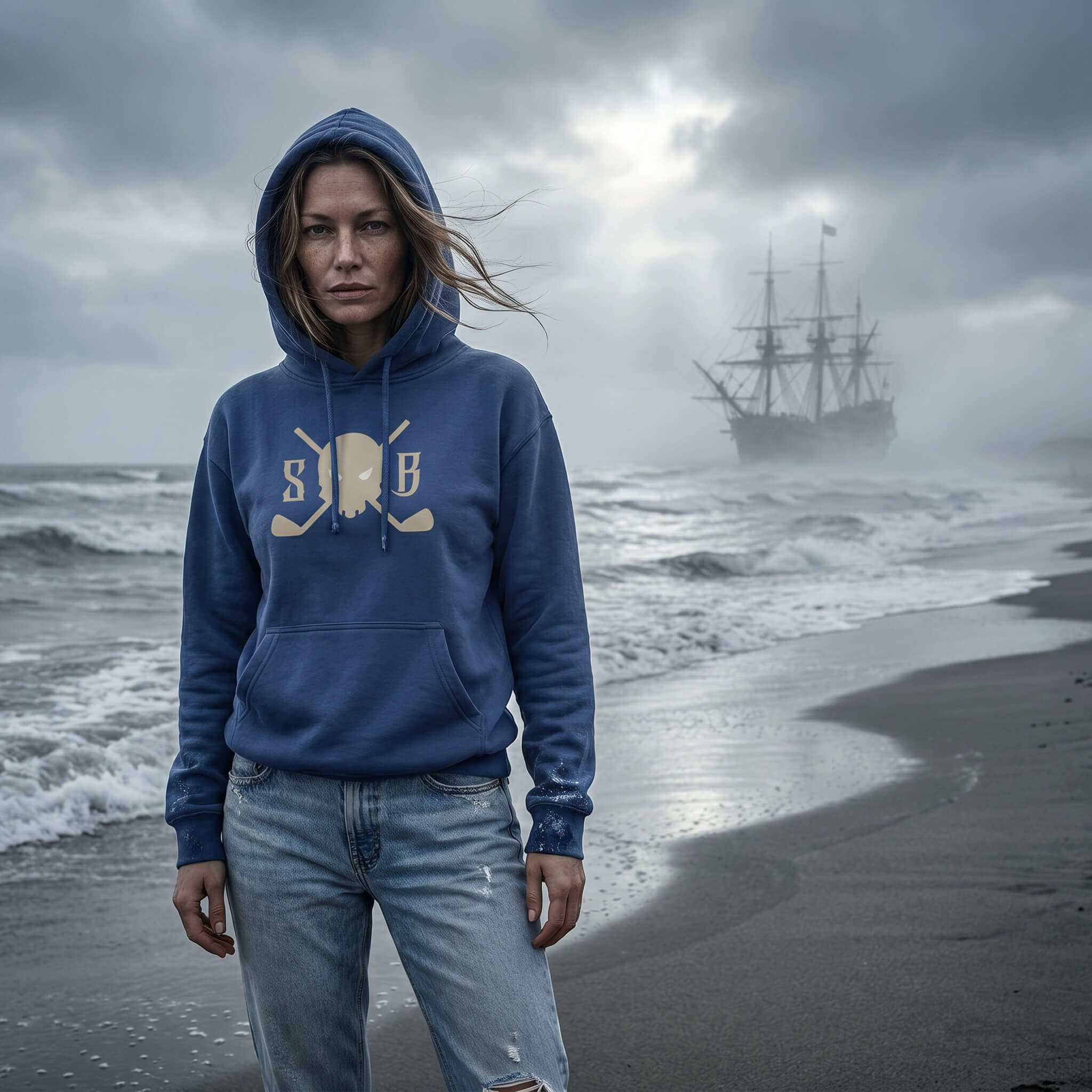 Person wearing a blue hoodie with a ship in the background on a beach
