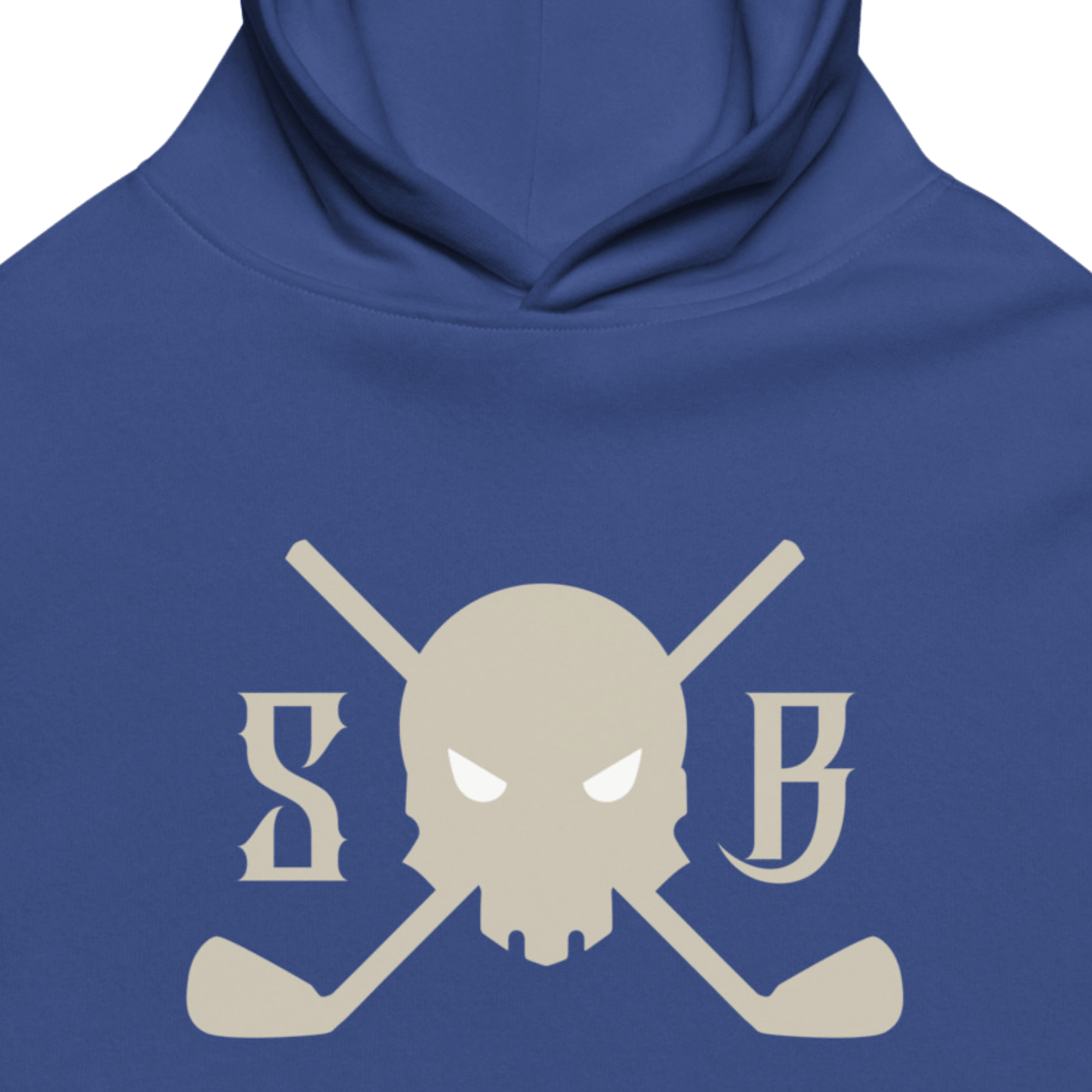 Blue hoodie with a beige skull and crossed golf clubs design on a black background