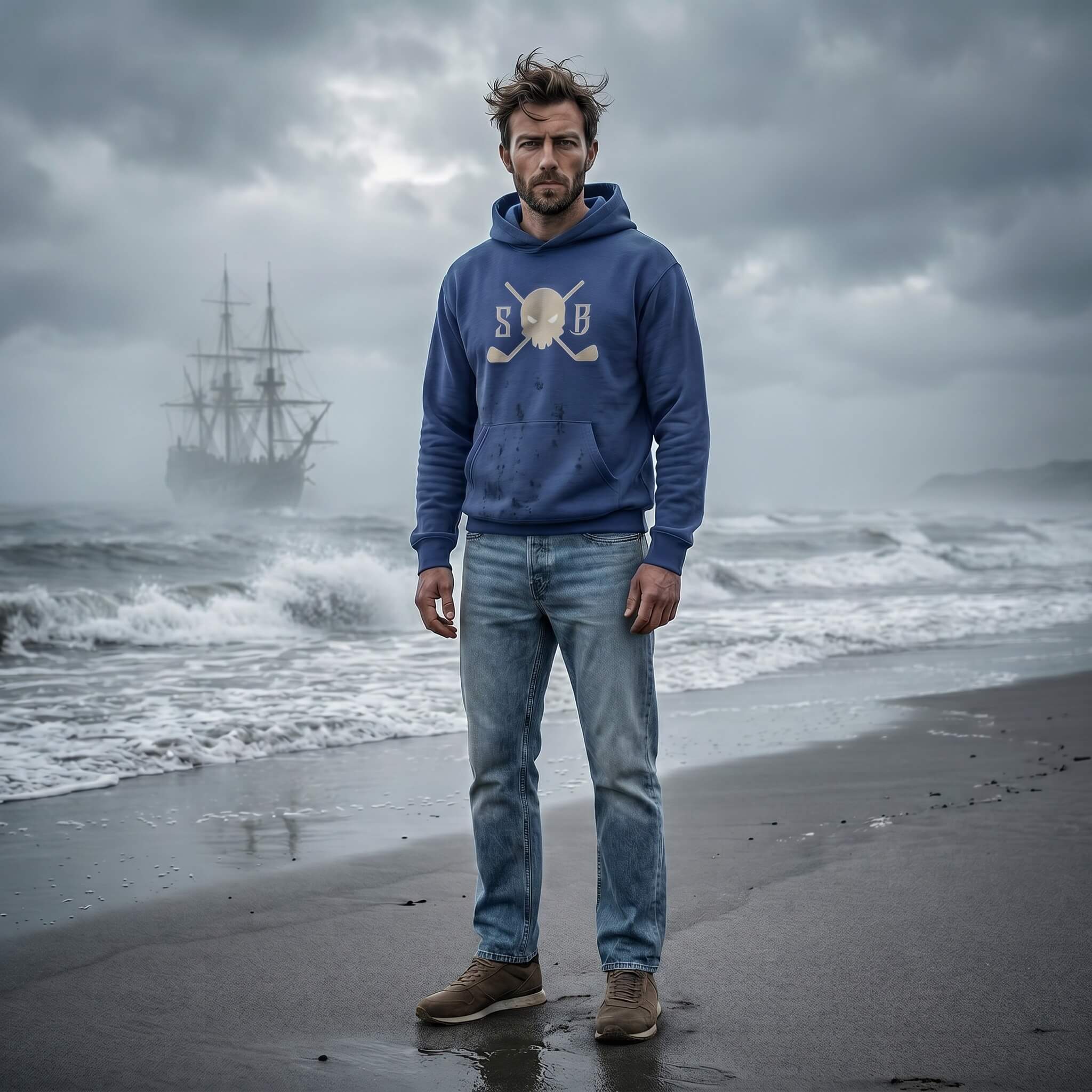 Man in a blue hoodie and jeans standing on a beach with a ship in the background