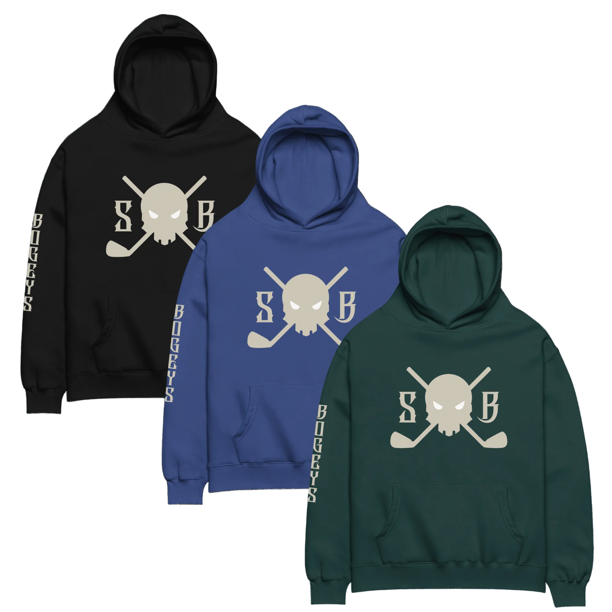 Three hoodies in black, blue, and green with a skull and crossbones design on a white background.