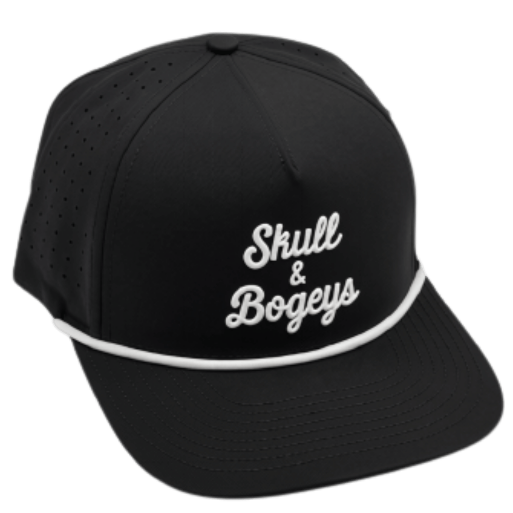 A black baseball cap with white embroidered text reading 'Skull & Bogeys' on the front panel and a white stripe along the edge of the brim, shown on a plain white background.