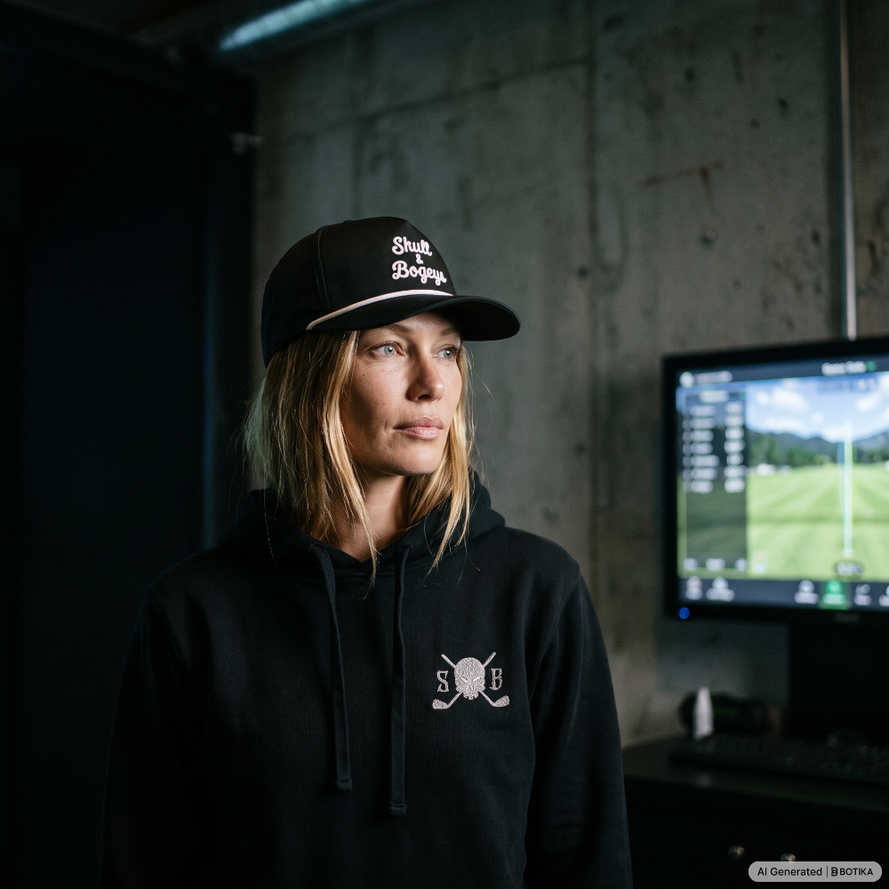 A woman wearing a black baseball cap with 'Skull & Bogeys' in white embroidery and a matching black hoodie with a white chest logo, standing in a dim indoor setting with a computer monitor showing a golf course simulation in the background.
