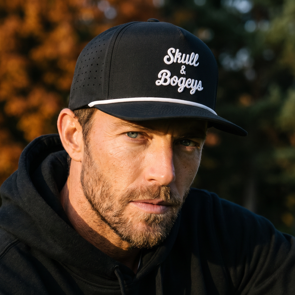 A close-up portrait of a man wearing a black baseball cap with 'Skull & Bogeys' in white script on the front, photographed outdoors with warm autumn foliage in the background.