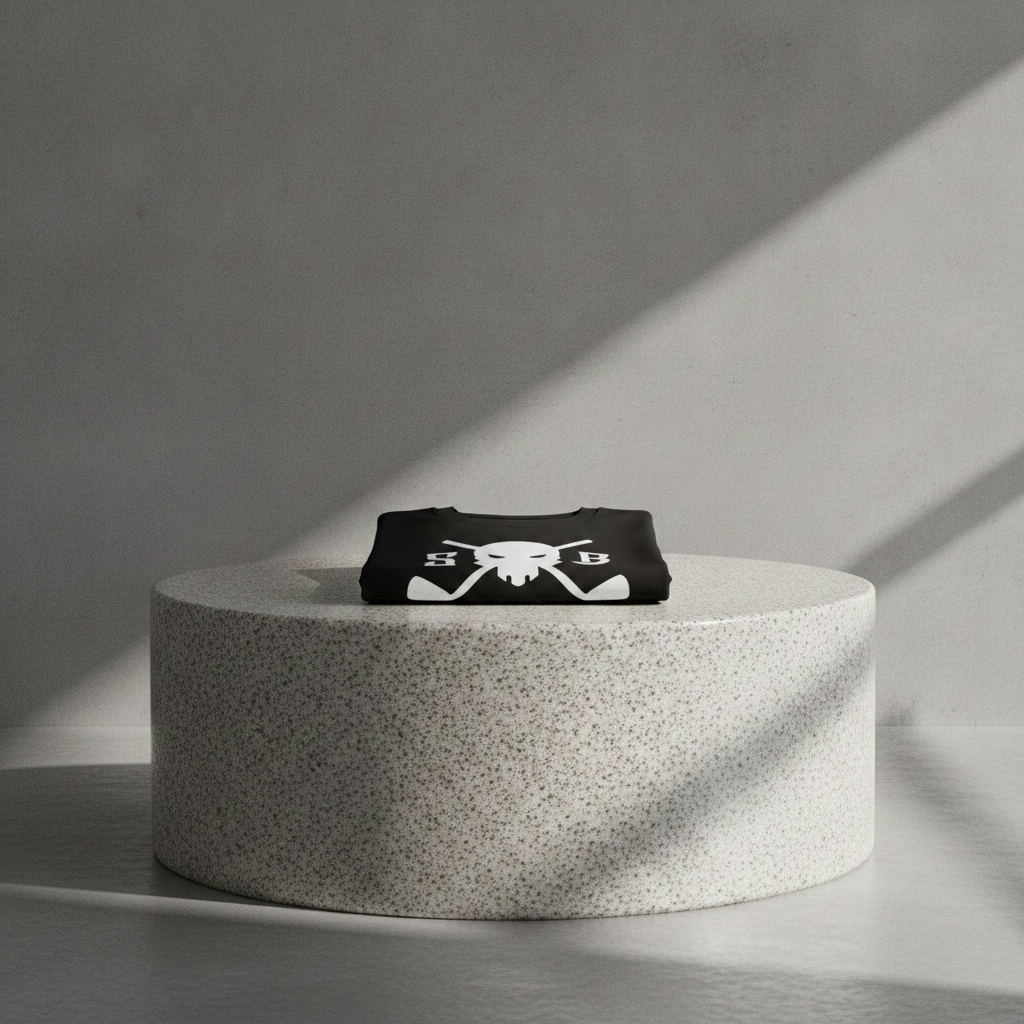 A folded black T-shirt with a white skull and crossbones graphic sits on a round speckled concrete pedestal against a gray wall with dramatic diagonal shadows.