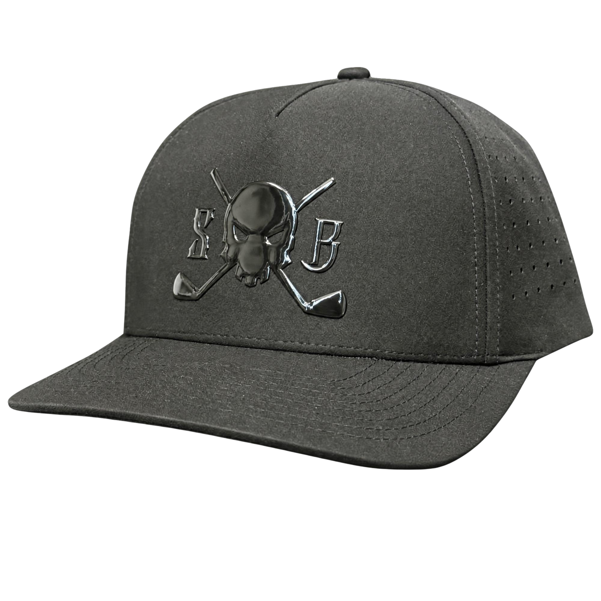 A dark gray structured baseball cap with a curved brim, featuring a metallic black skull and crossed golf clubs logo on the front, with perforated side panels.