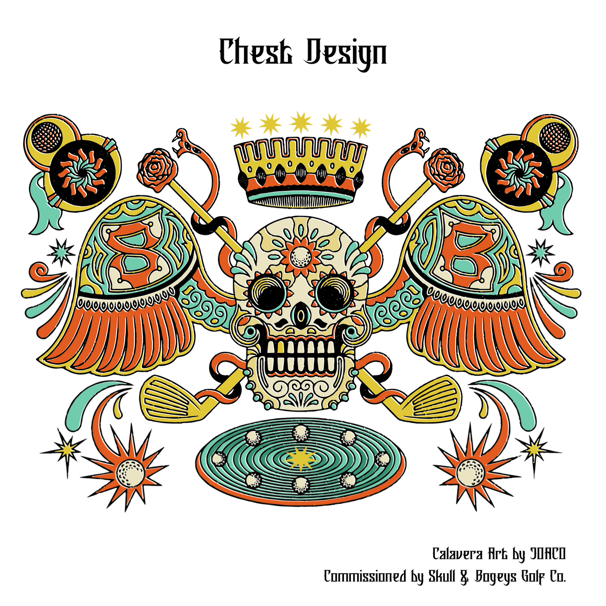 A decorative chest design illustration featuring a central skull with a crown above it, flanked by ornate wings, crossed golf clubs, stars, and circular motifs. The text 'Chest Design' appears at the top, and smaller text at the bottom reads 'Calavera Art by JAKCO' and 'Commissioned by Skull & Boneys Golf Co.