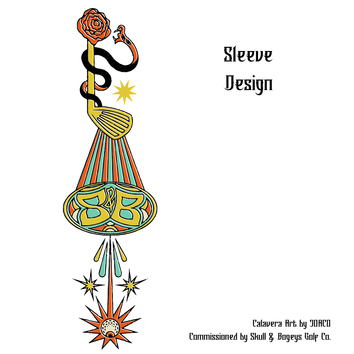 A sleeve design illustration featuring a stylized snake wrapped around a golf club, with a rose at the top and decorative geometric and starburst motifs below, shown on a white background with text reading 'Sleeve Design' and commission details.