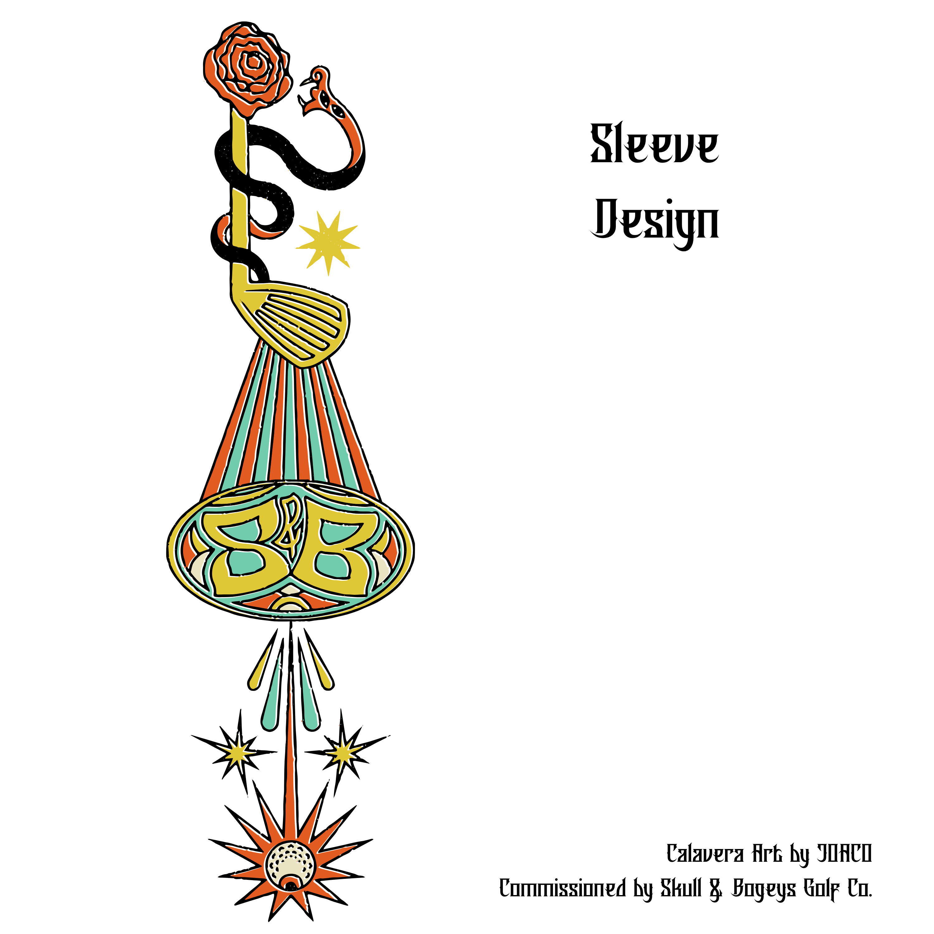 A sleeve design illustration featuring a stylized snake wrapped around a golf club, with a rose at the top and decorative geometric and starburst motifs below, shown on a white background with text reading 'Sleeve Design' and commission details.