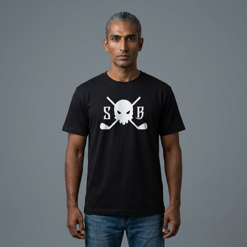 A man wearing a black crew-neck t-shirt with a white skull and crossed golf clubs graphic on the chest, paired with blue jeans, set against a solid gray studio background.