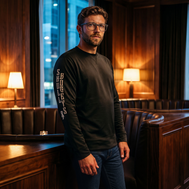 A man wearing a black long-sleeve crewneck shirt with 'SKULL & BOGEYS' printed vertically on the left sleeve, standing in a dimly lit, wood-paneled lounge or bar interior.