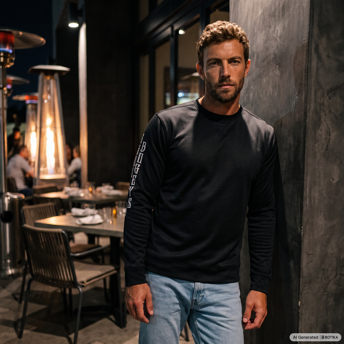 A man wearing a black long-sleeve crewneck sweatshirt with white vertical text on the sleeve, paired with light blue jeans, standing in a dimly lit restaurant or bar patio setting at night.