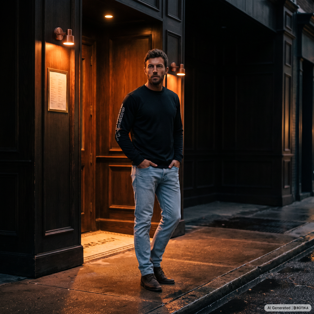 A man stands on a wet city sidewalk in front of a dark wooden building, wearing a black long-sleeve shirt with white text on the sleeve, light blue jeans, and brown boots.