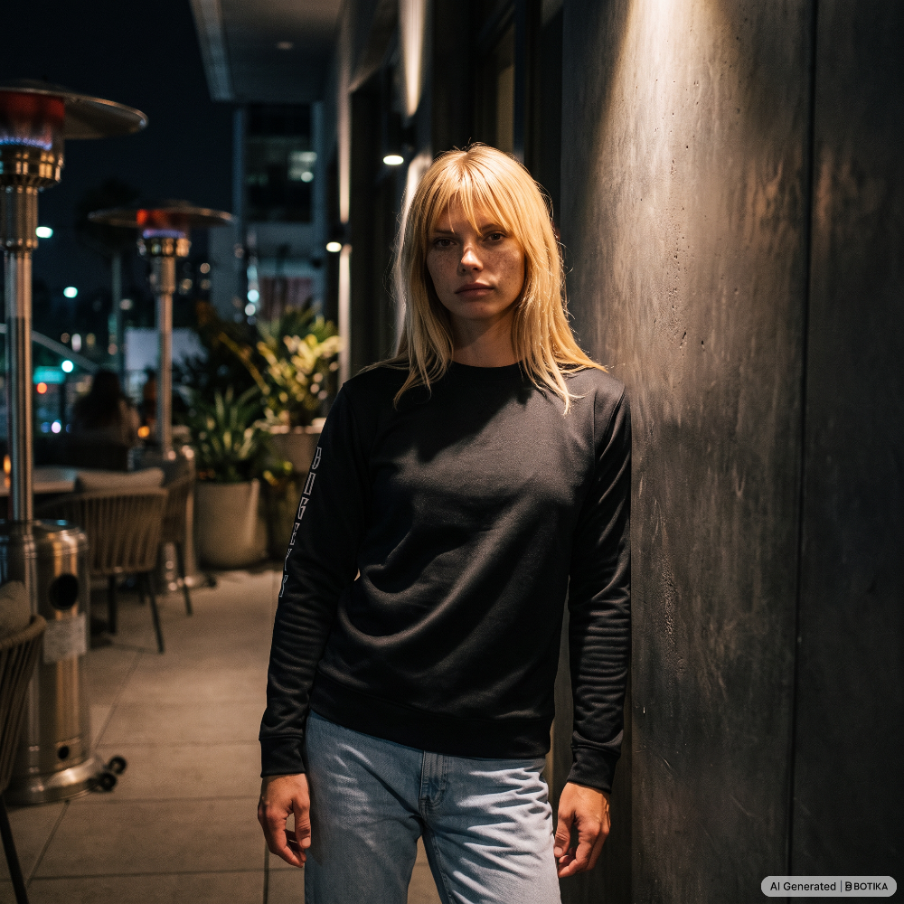 A woman with blonde hair stands against a dark wall at night, wearing a black long-sleeve crewneck shirt and light blue jeans.