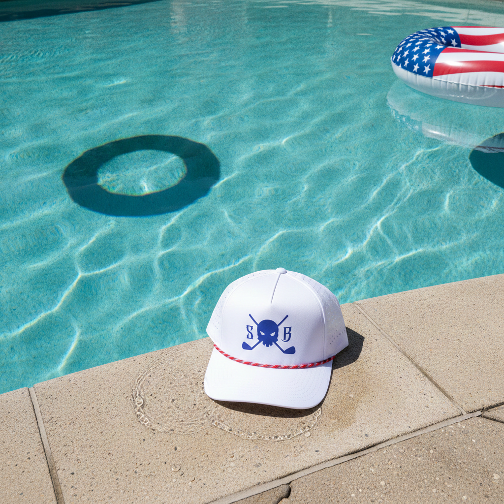 A white baseball cap with a blue skull and crossed sticks logo and a red-and-white striped band, resting on the edge of a swimming pool next to a red, white, and blue inflatable float.