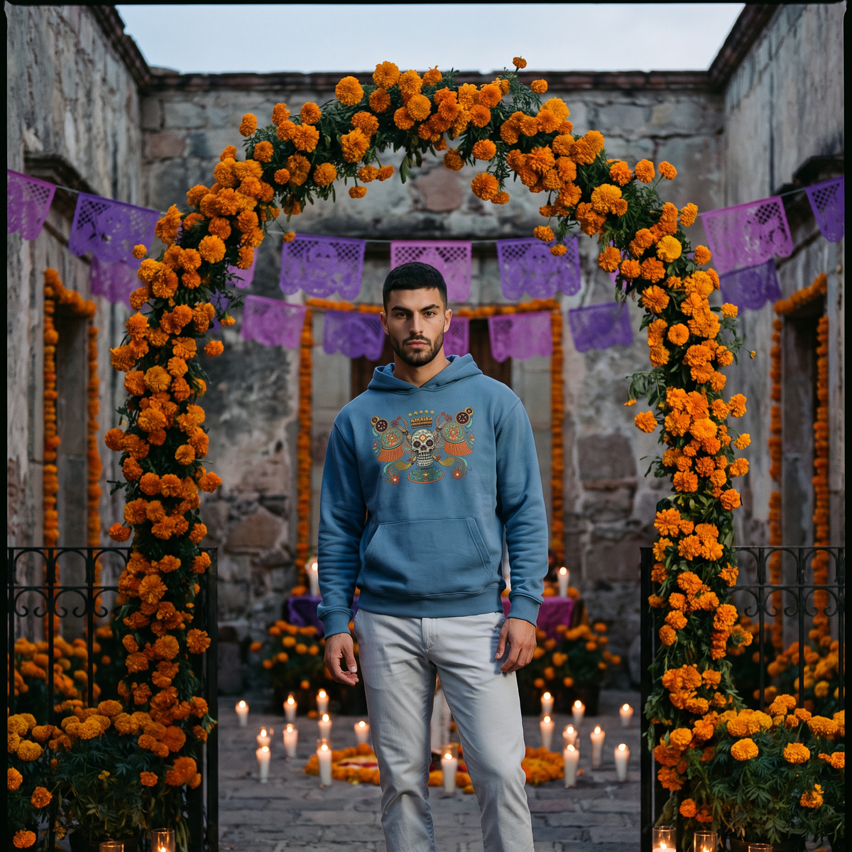 A man stands in a stone courtyard framed by a large floral arch of orange marigolds, with purple papel picado banners and many lit candles. He is wearing a blue hoodie with a colorful graphic print on the chest, light gray pants, and blue sneakers.